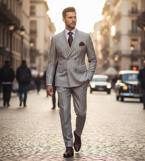 Men’s Brown Pinstripe Double-Breasted 2-Piece Suit – Slim Fit Premium Fabric Formal Business & Wedding Outfit By Rossi Man RM1845