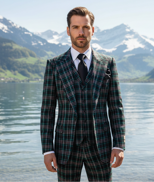 Men’s Green Tartan Plaid 3-Piece Suit Set – Premium Regular Fit Formal Check Pattern Wedding & Holiday Event Suit By Rossiman RM2311