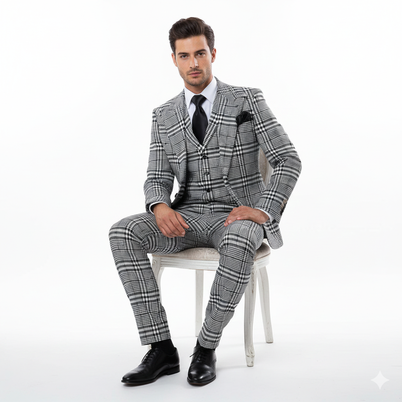 Men’s Black & White Plaid 3-Piece Suit Set – Premium Slim Tailored Fit Formal Wedding, Party & Business Suit by Rossiman RM2310