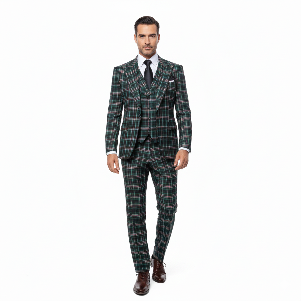 Men’s Green Tartan Plaid 3-Piece Suit Set – Premium Regular Fit Formal Check Pattern Wedding & Holiday Event Suit By Rossiman RM2311 – SuitUSA