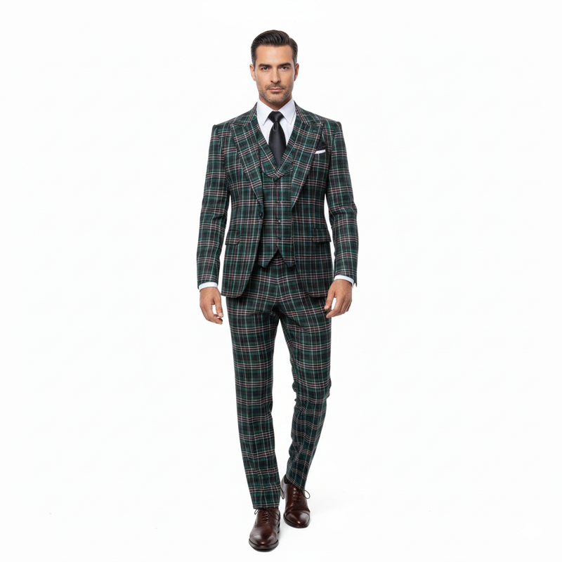 Men’s Green Tartan Plaid 3-Piece Suit Set – Premium Regular Fit Formal Check Pattern Wedding & Holiday Event Suit By Rossiman RM2311