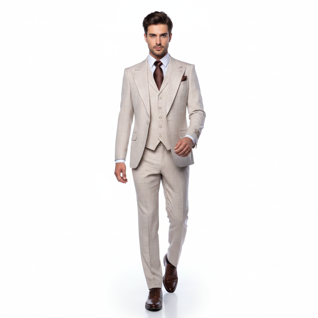 Men’s Cream Beige Windowpane 3-Piece Suit Set – Premium Tailored Fit Formal Wedding & Event Plaid Suit Light Cream Sand Color By Rossiman RM2314
