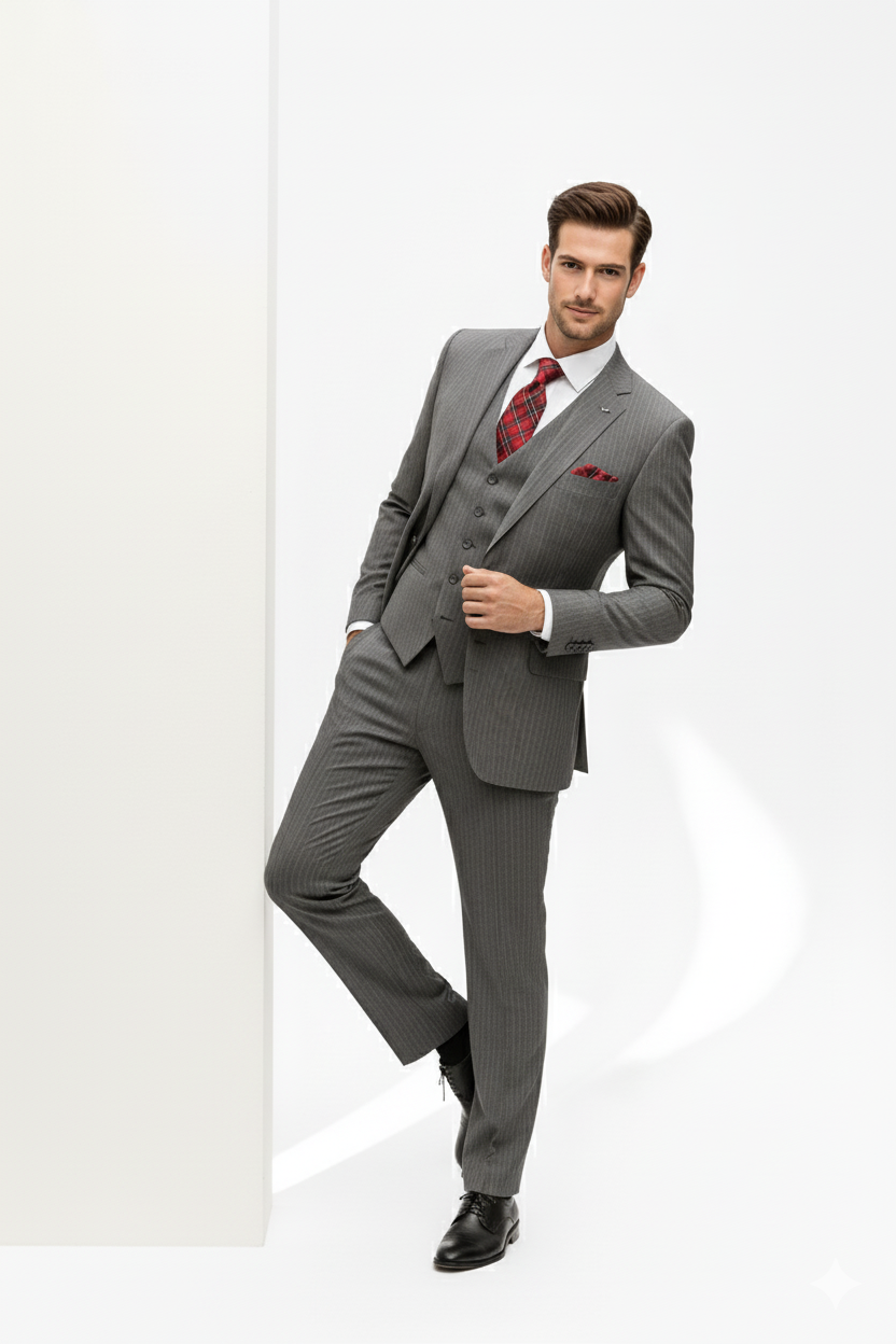 "Elevate Your Prom or Wedding Style: Vinci's Classic Pinstripe Suit with Pleated Pants in Sophisticated Gray"