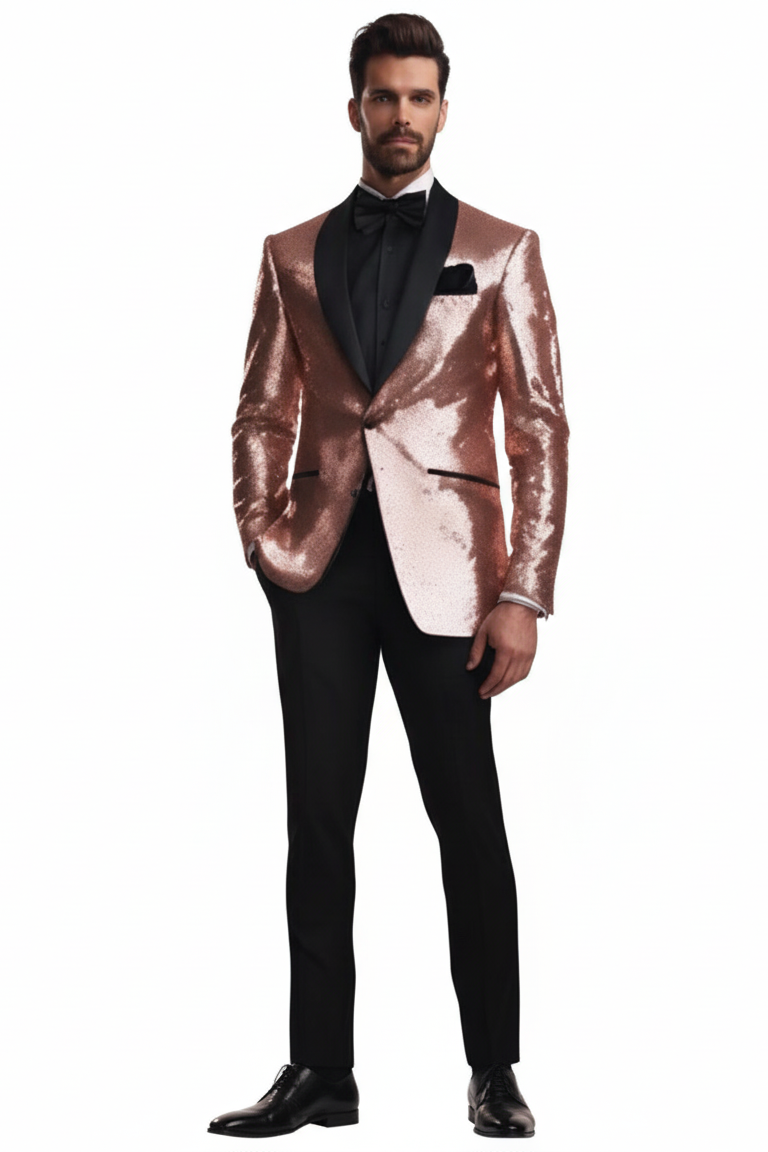 Sequin Suit - Shiny Suit - Rose Gold Suit - Metallic Fabric suit - Stage Tuxedo - Groom Suit Jacket + Pants