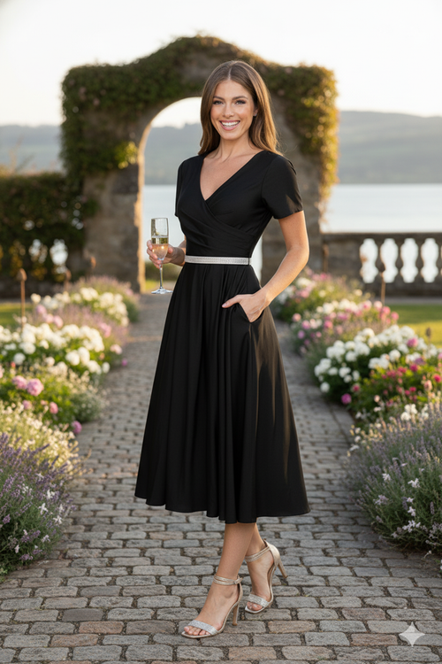 Lenovia 5274 V-Neck Short Sleeve Midi Cocktail Dress with Rhinestone Waist Formal & Wedding Guest Attire