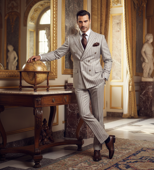 Men’s Brown Pinstripe Double-Breasted 2-Piece Suit – Slim Fit Premium Fabric Formal Business & Wedding Outfit By Rossi Man RM1845