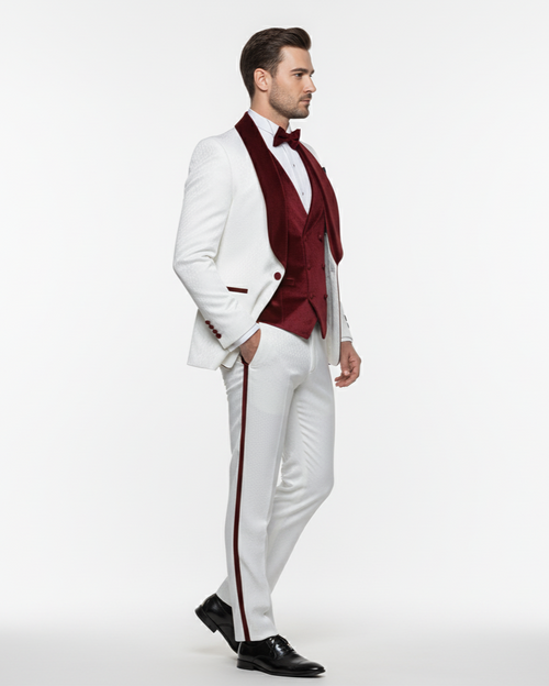 White with Burgundy Velvet Lapel 3-Piece Tailored-Fit Tuxedo