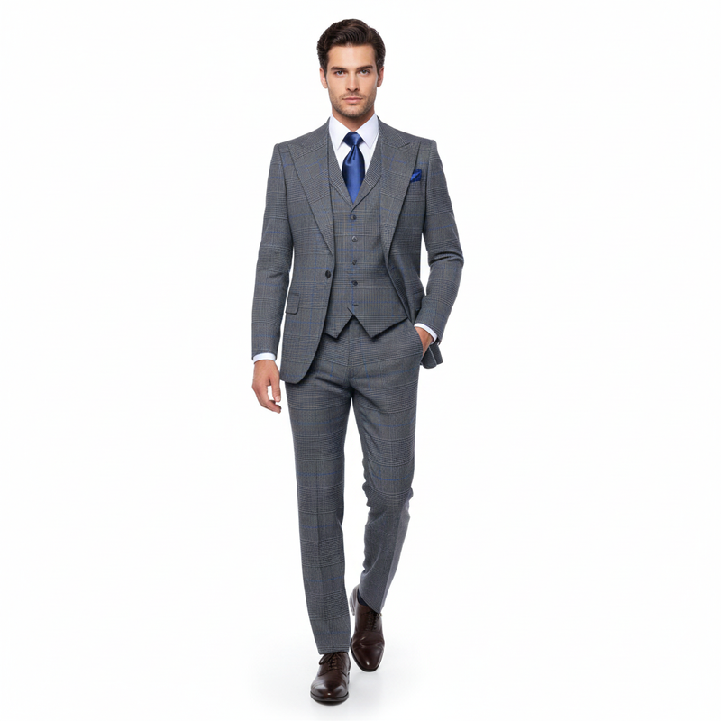 Men’s Grey Super 150’s Wool 3-Piece Suit – Elite Contour Fit Wide-Lapel One-Button Luxury Formal Outfit By Rossi Man RM2312