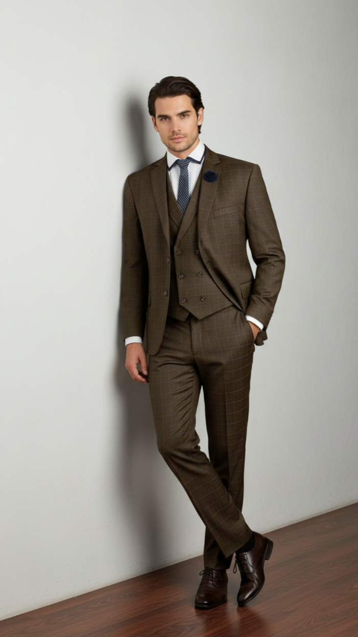 "Elevate Your Prom and Wedding Style: Vinci Men's Taupe Plaid Double-Breasted Suit Vest"