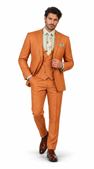 Men’s Classic Fit Glen Plaid 3 Piece Suit with Adjustable Waistband - Rust