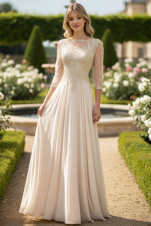 Embroidered 3/4 Sleeve Mother Of The Bride Dress Modest Evening Gown