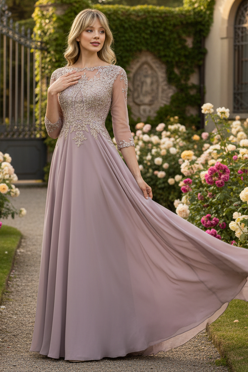 Embroidered 3/4 Sleeve Mother Of The Bride Dress Modest Evening Gown