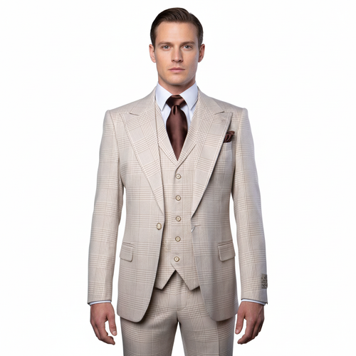 Men’s Cream Beige Windowpane 3-Piece Suit Set – Premium Tailored Fit Formal Wedding & Event Plaid Suit Light Cream Sand Color By Rossiman RM2314
