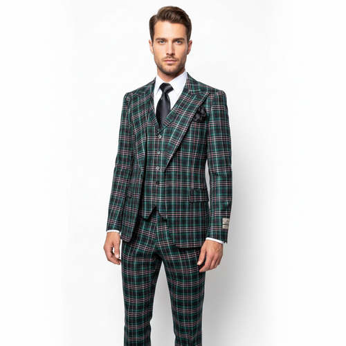 Men’s Green Tartan Plaid 3-Piece Suit Set – Premium Regular Fit Formal Check Pattern Wedding & Holiday Event Suit By Rossiman RM2311