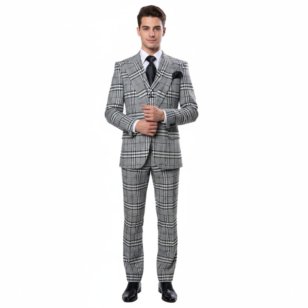 Men’s Black & White Plaid 3-Piece Suit Set – Premium Slim Tailored Fit Formal Wedding, Party & Business Suit by Rossiman RM2310