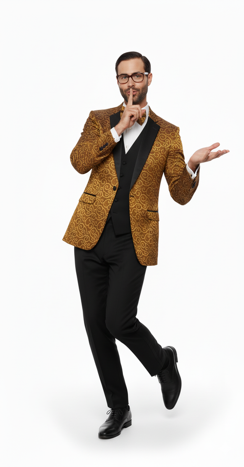 Big and Tall Size Tuxedo Dinner Jacket - Paisley Fabric Blazer in Color Gold