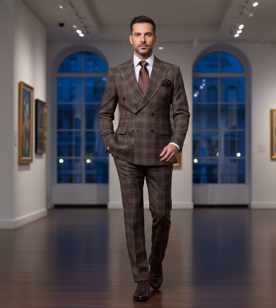 Men’s Brown Windowpane Double-Breasted 2-Piece Suit – Classic Tailored Fit Business & Formal Check Suit By Rossiman RM1798