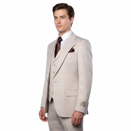 Men’s Cream Beige Windowpane 3-Piece Suit Set – Premium Tailored Fit Formal Wedding & Event Plaid Suit Light Cream Sand Color By Rossiman RM2314