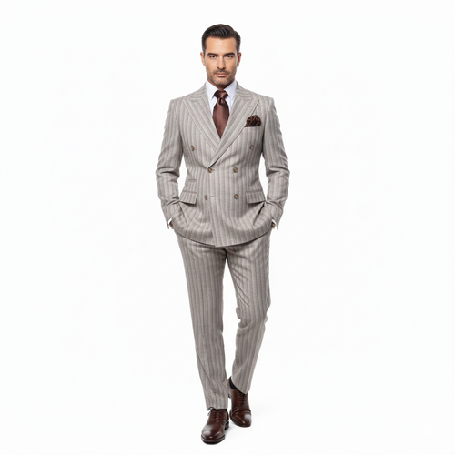 Men’s Brown Pinstripe Double-Breasted 2-Piece Suit – Slim Fit Premium Fabric Formal Business & Wedding Outfit By Rossi Man RM1845