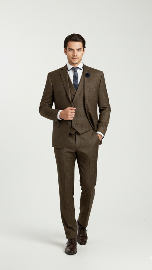 "Elevate Your Prom and Wedding Style: Vinci Men's Taupe Plaid Double-Breasted Suit Vest"