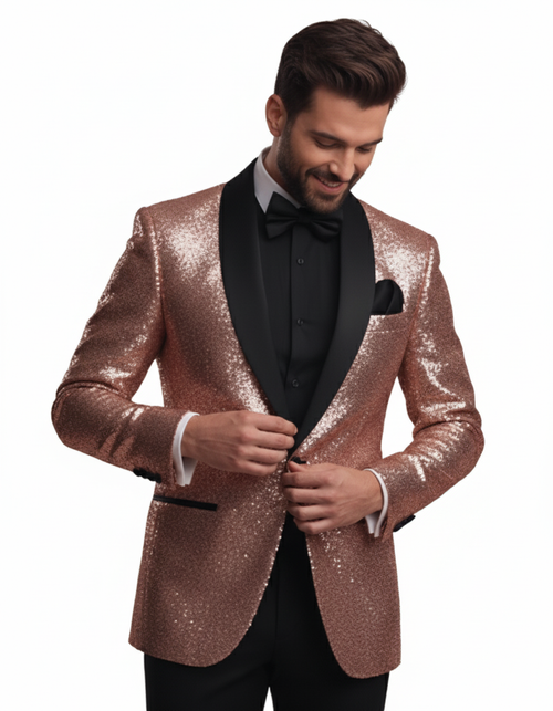 Sequin Suit - Shiny Suit - Rose Gold Suit - Metallic Fabric suit - Stage Tuxedo - Groom Suit Jacket + Pants