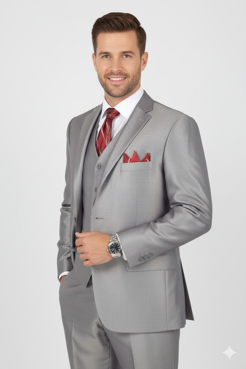 Mens Classic Vested Shiny Sharkskin Suit in Grey