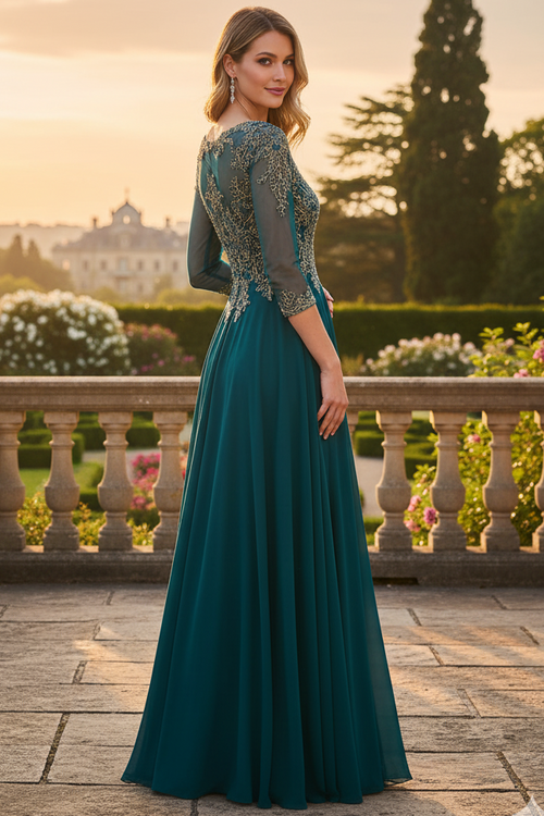 Embroidered 3/4 Sleeve Mother Of The Bride Dress Modest Evening Gown