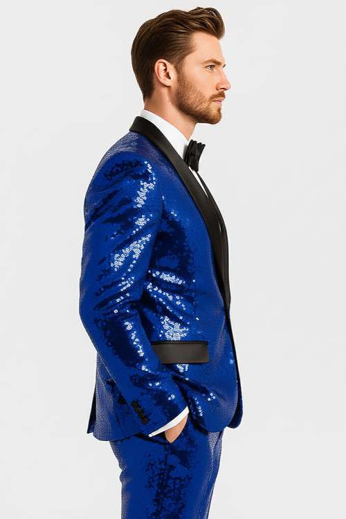 Sequin Suit - Shiny Suit - Royal Blue Suit - Metallic Fabric suit - Stage Tuxedo - Groom Suit Jacket + Pants