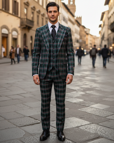 Men’s Green Tartan Plaid 3-Piece Suit Set – Premium Regular Fit Formal Check Pattern Wedding & Holiday Event Suit By Rossiman RM2311