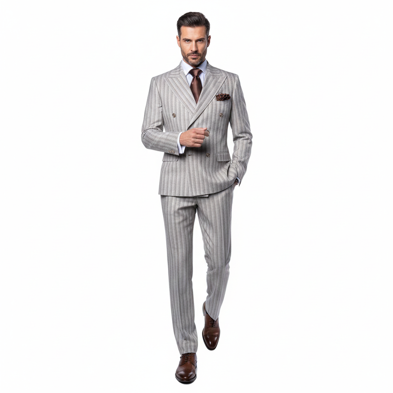 Men’s Brown Pinstripe Double-Breasted 2-Piece Suit – Slim Fit Premium Fabric Formal Business & Wedding Outfit By Rossi Man RM1845