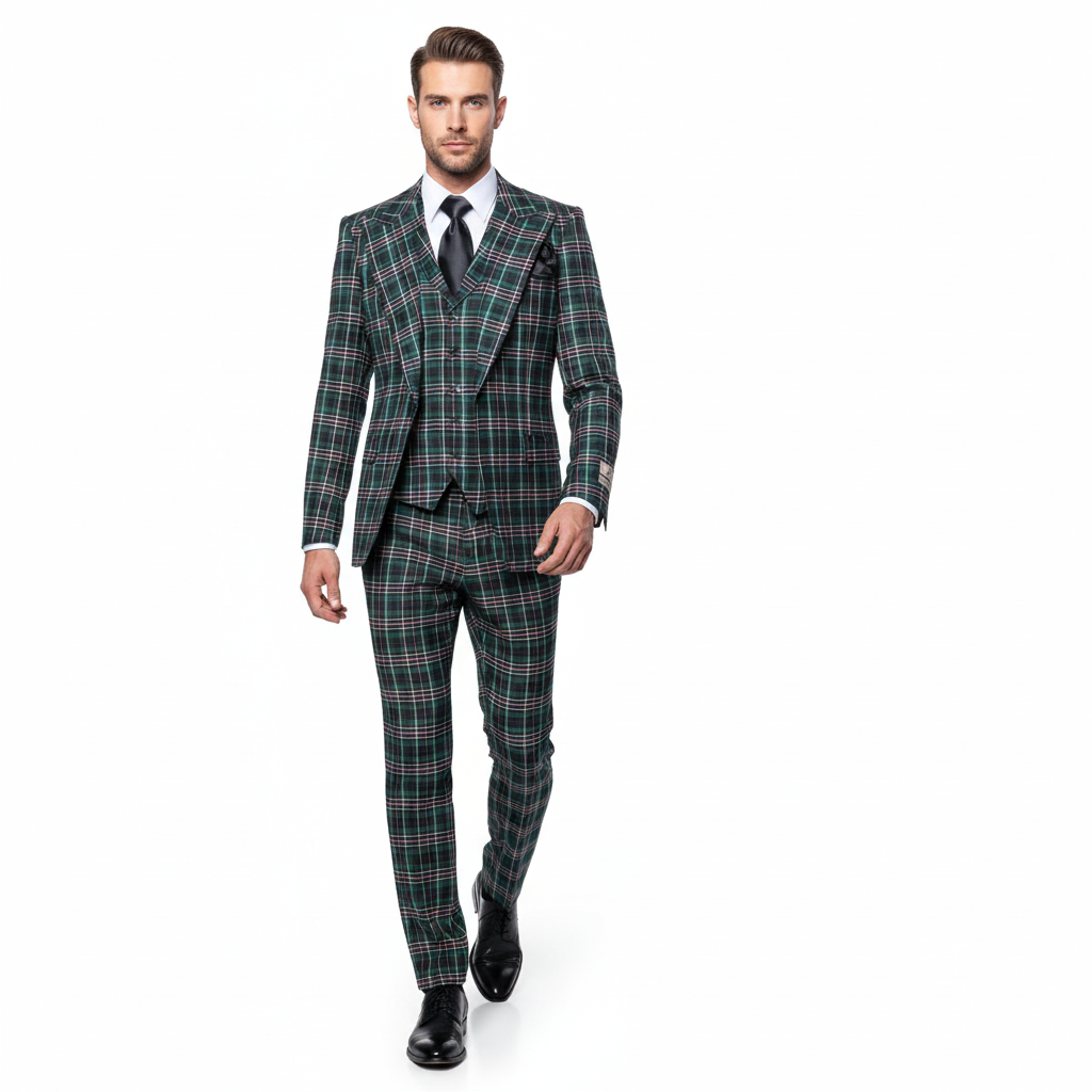 Men’s Green Tartan Plaid 3-Piece Suit Set – Premium Regular Fit Formal Check Pattern Wedding & Holiday Event Suit By Rossiman RM2311