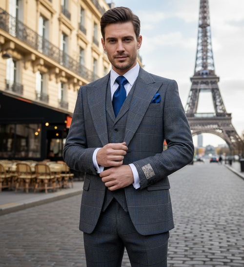 Men’s Grey Super 150’s Wool 3-Piece Suit – Elite Contour Fit Wide-Lapel One-Button Luxury Formal Outfit By Rossi Man RM2315