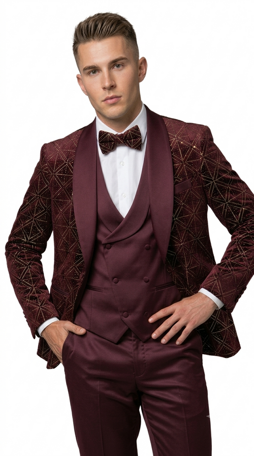Men's Burgundy Velvet Patterned Shawl Lapel Tuxedo Set for Wedding & Prom