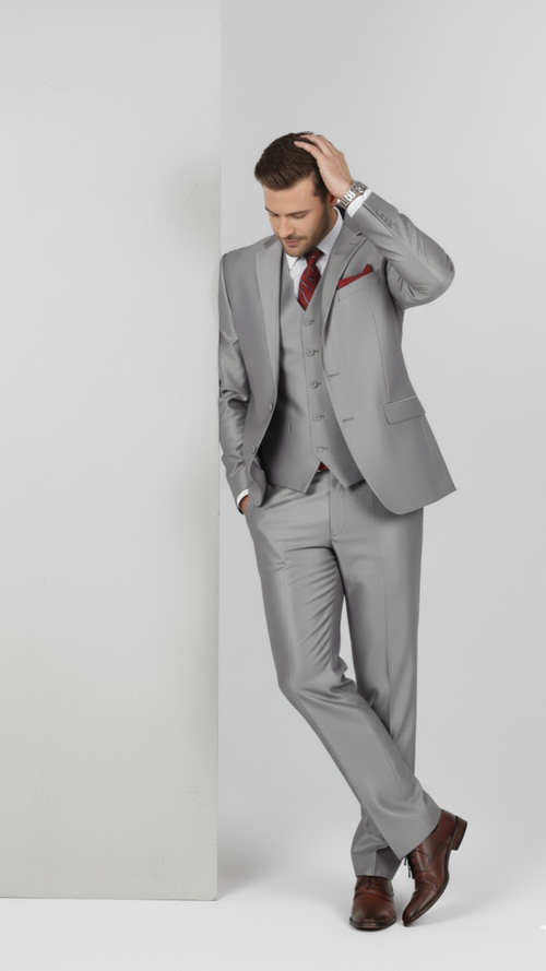 Mens Classic Vested Shiny Sharkskin Suit in Grey