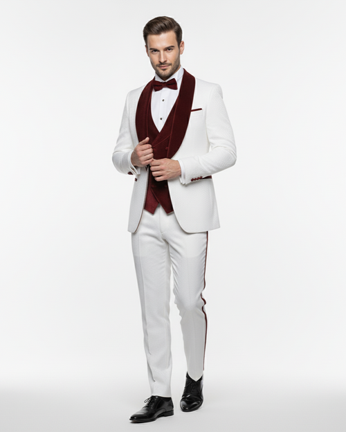 White with Burgundy Velvet Lapel 3-Piece Tailored-Fit Tuxedo