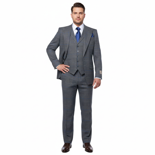 Men’s Grey Super 150’s Wool 3-Piece Suit – Elite Contour Fit Wide-Lapel One-Button Luxury Formal Outfit By Rossi Man RM2315