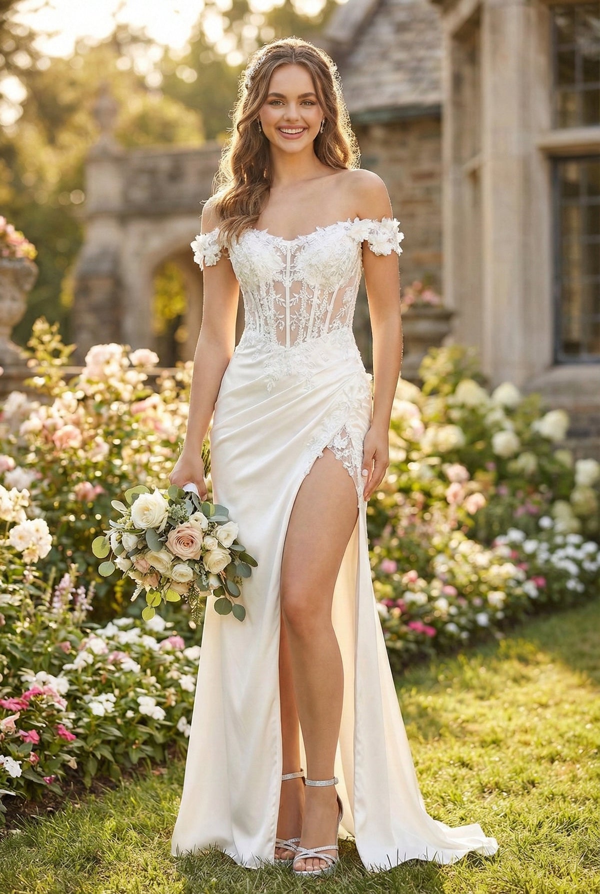 Adora Design 3199 Off Shoulder Satin Long Slit Bridal Wedding Dress