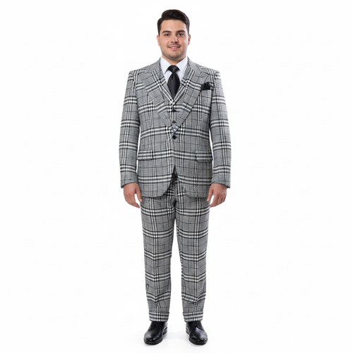 Men’s Black & White Plaid 3-Piece Suit Set – Premium Slim Tailored Fit Formal Wedding, Party & Business Suit by Rossiman RM2310