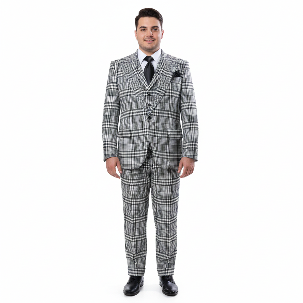 Men’s Black & White Plaid 3-Piece Suit Set – Premium Slim Tailored Fit Formal Wedding, Party & Business Suit by Rossiman RM2310 – SuitUSA