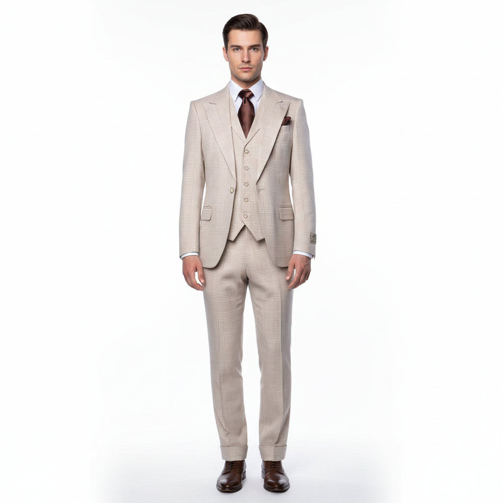 Men’s Cream Beige Windowpane 3-Piece Suit Set – Premium Tailored Fit Formal Wedding & Event Plaid Suit Light Cream Sand Color By Rossiman RM2314