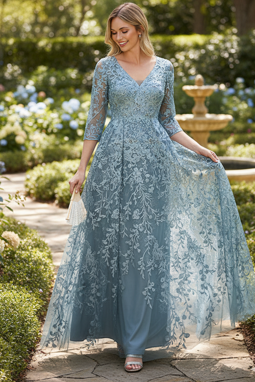 Embroidered A-Line Mother of the Bride Gown with Sheer 3/4 Sleeves By Lenovia 8356
