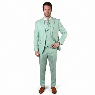 Mens Ticket Pocket Peak Lapel Double breasted Vest 100% Wool Tom Ford Style Modern Fit in Color "Mint" By Statement
