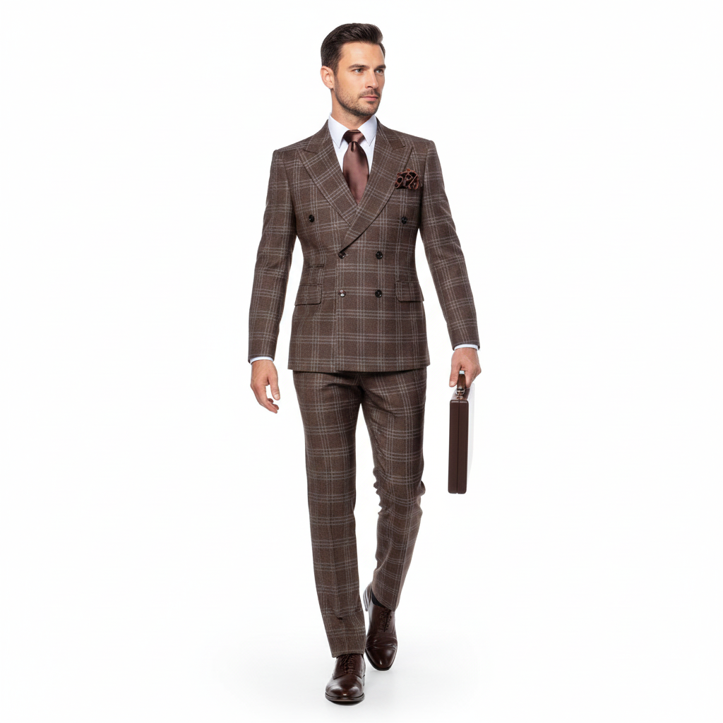 Men’s Brown Windowpane Double-Breasted 2-Piece Suit – Classic Tailored Fit Business & Formal Check Suit By Rossiman RM1798
