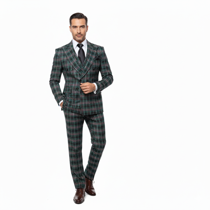 Men’s Green Tartan Plaid 3-Piece Suit Set – Premium Regular Fit Formal Check Pattern Wedding & Holiday Event Suit By Rossiman RM2311