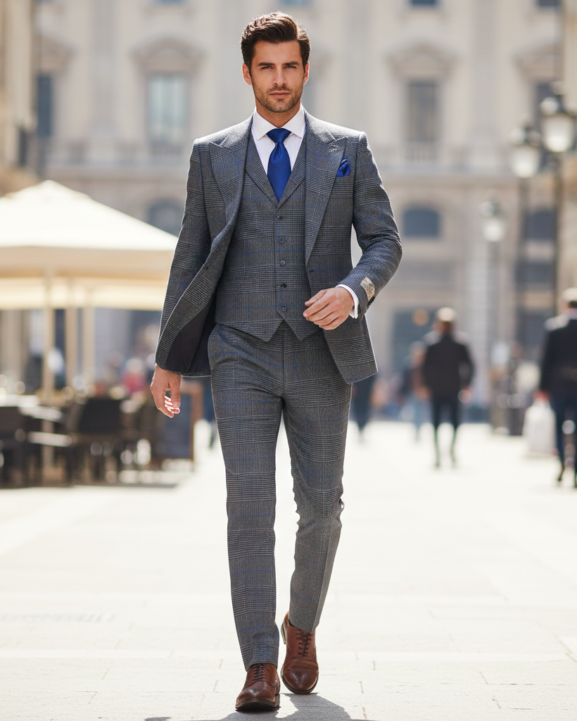 Men’s Grey Super 150’s Wool 3-Piece Suit – Elite Contour Fit Wide-Lapel One-Button Luxury Formal Outfit By Rossi Man RM2312