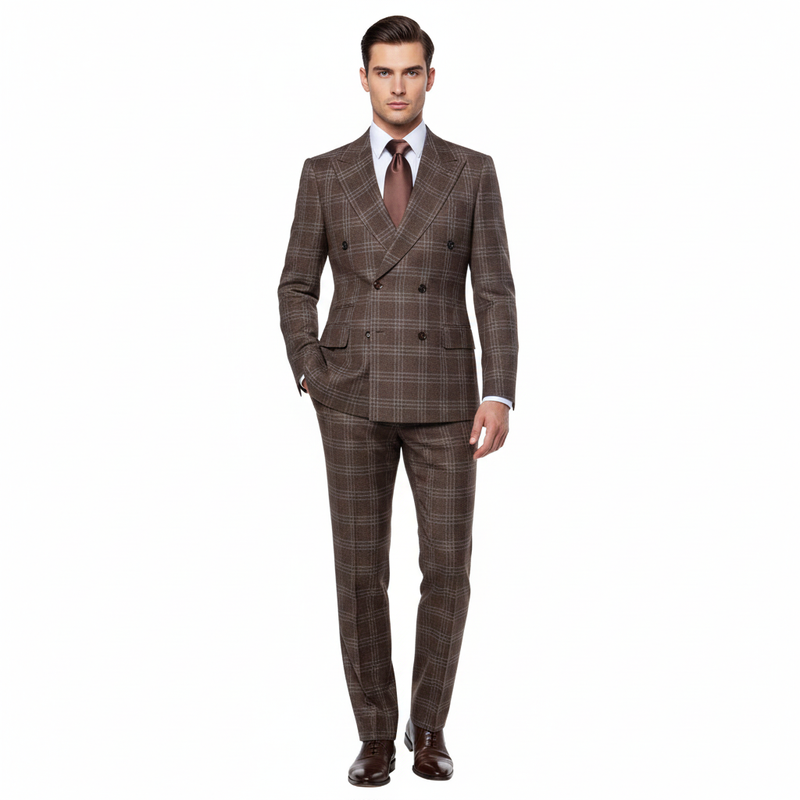 Men’s Brown Windowpane Double-Breasted 2-Piece Suit – Classic Tailored Fit Business & Formal Check Suit By Rossiman RM1798