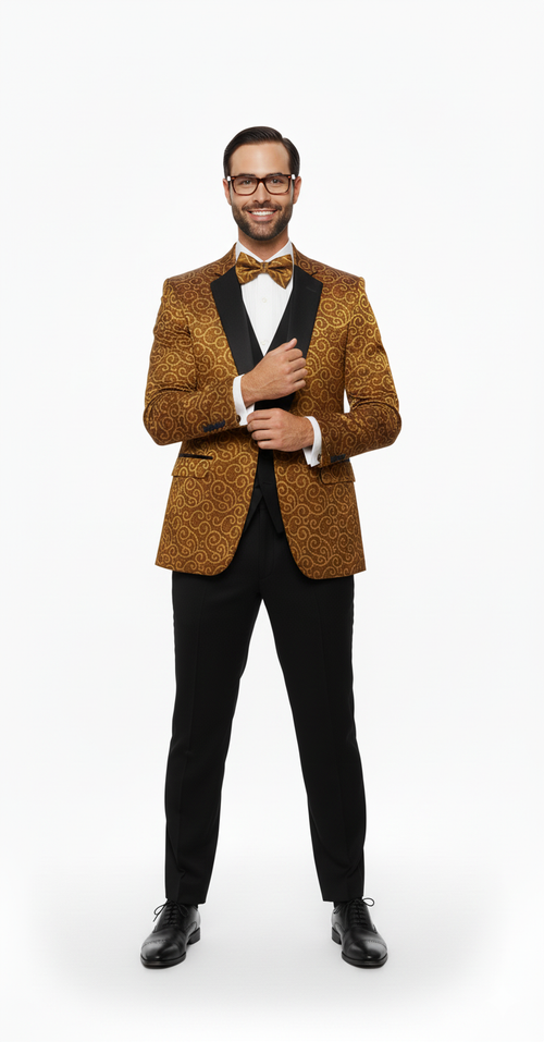 Big and Tall Size Tuxedo Dinner Jacket - Paisley Fabric Blazer in Color Gold
