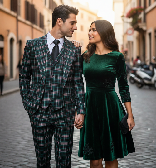 Men’s Green Tartan Plaid 3-Piece Suit Set – Premium Regular Fit Formal Check Pattern Wedding & Holiday Event Suit By Rossiman RM2311