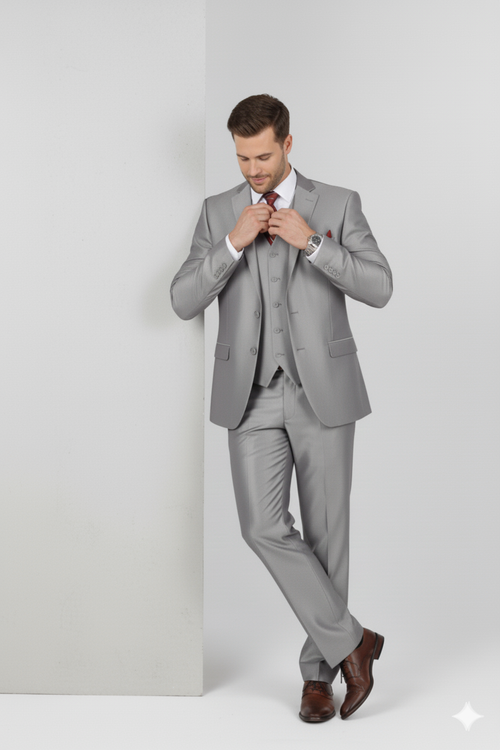Mens Classic Vested Shiny Sharkskin Suit in Grey