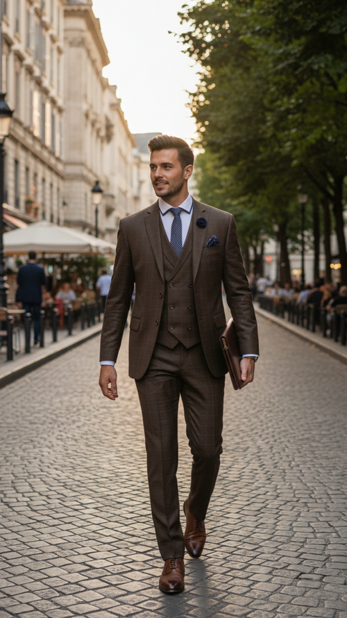 "Elevate Your Prom and Wedding Style: Vinci Men's Taupe Plaid Double-Breasted Suit Vest"